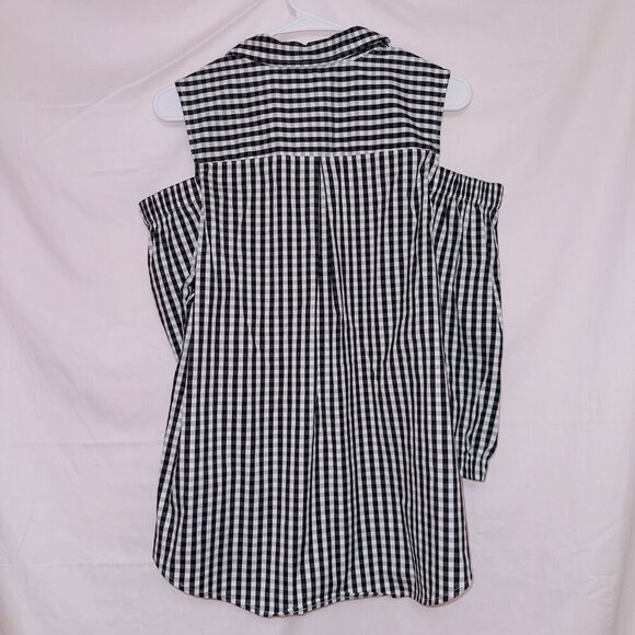 Charter Club Black White Plaid Cold Shoulder Button Up Blouse Top size 12 - Picture 7 of 7
